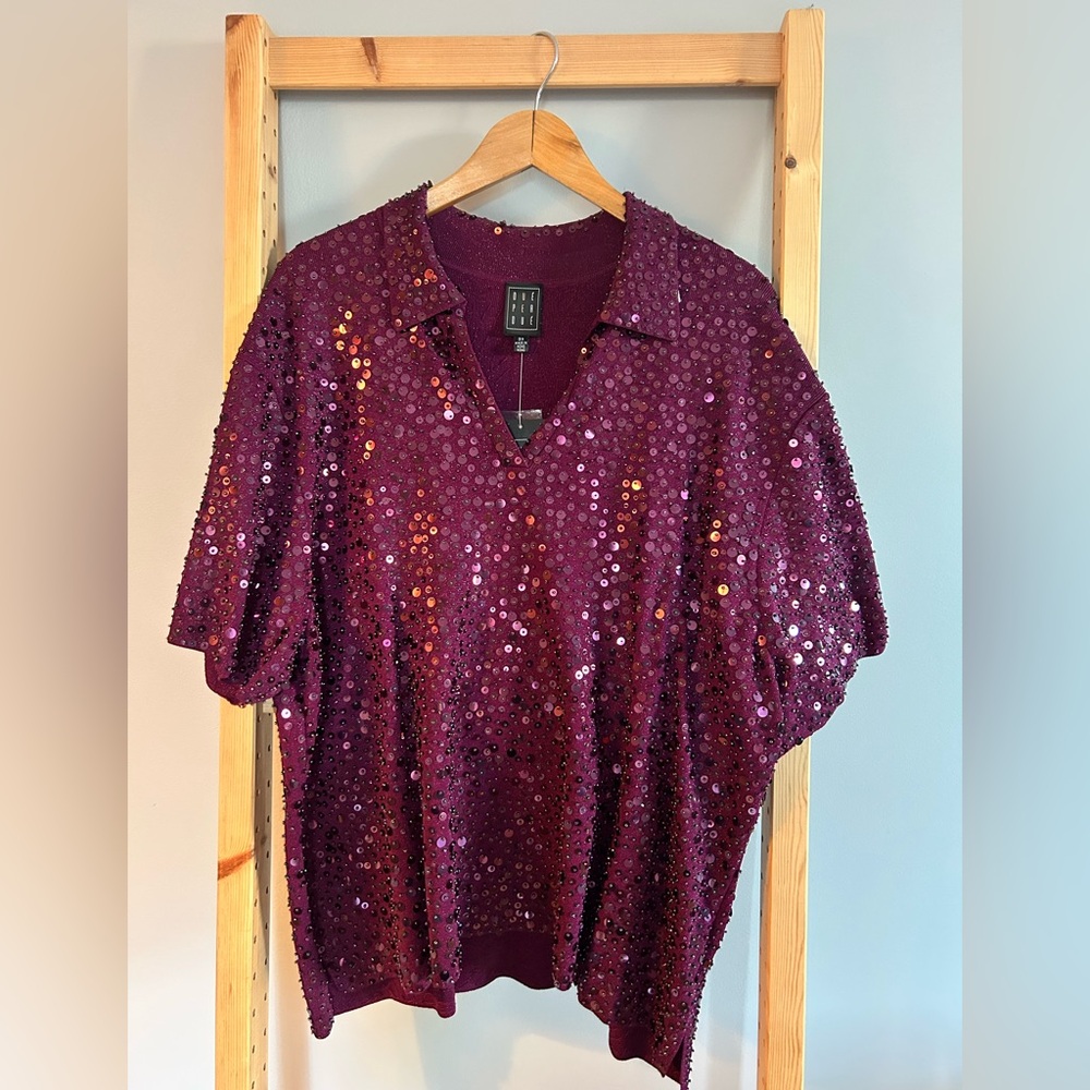 DUE PER DUE Purple Sequined Polo Blouse NWT Deep Magenta Size 3X